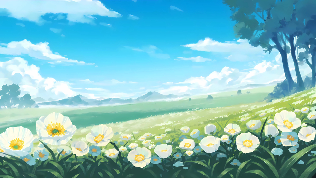 野外蓝天白云下花海树影4K高清壁纸（3840x2160）下载
