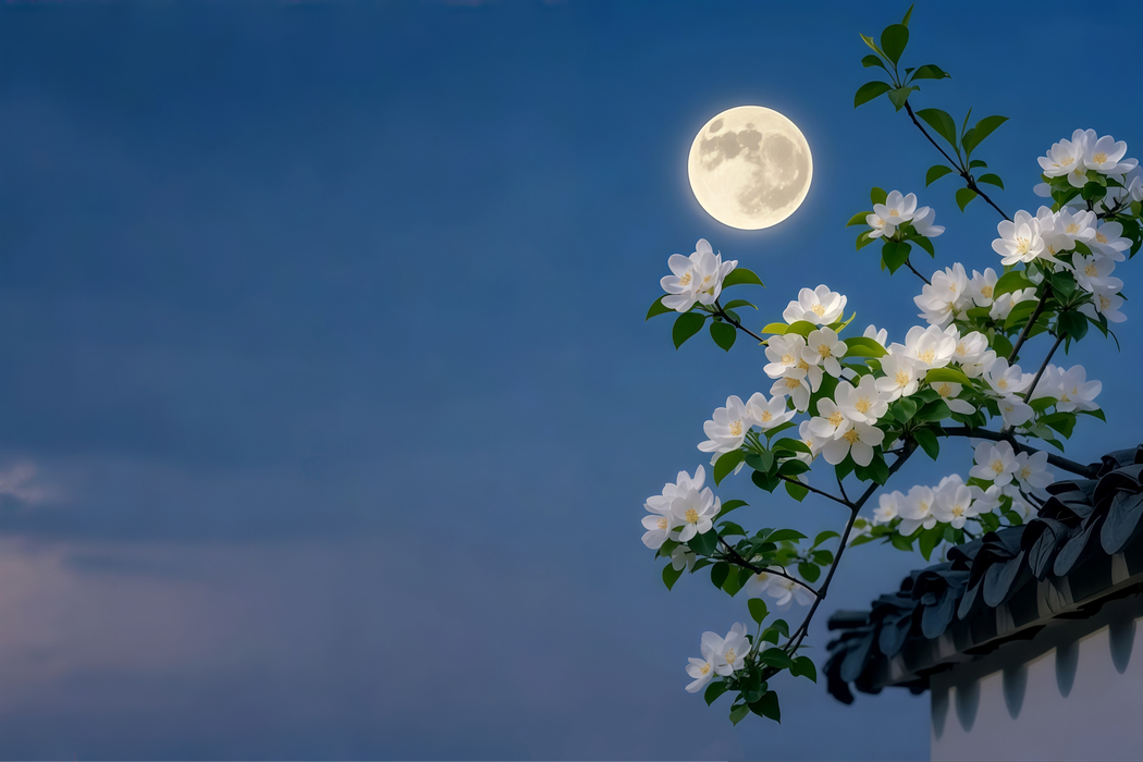 4K高清，围墙畔夜空映月伴白色海棠花风景壁纸3840x2560下载