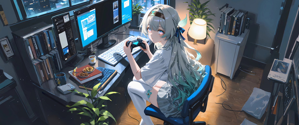 高清4K动漫女孩书房休闲风3440x1440带鱼屏电脑壁纸下载