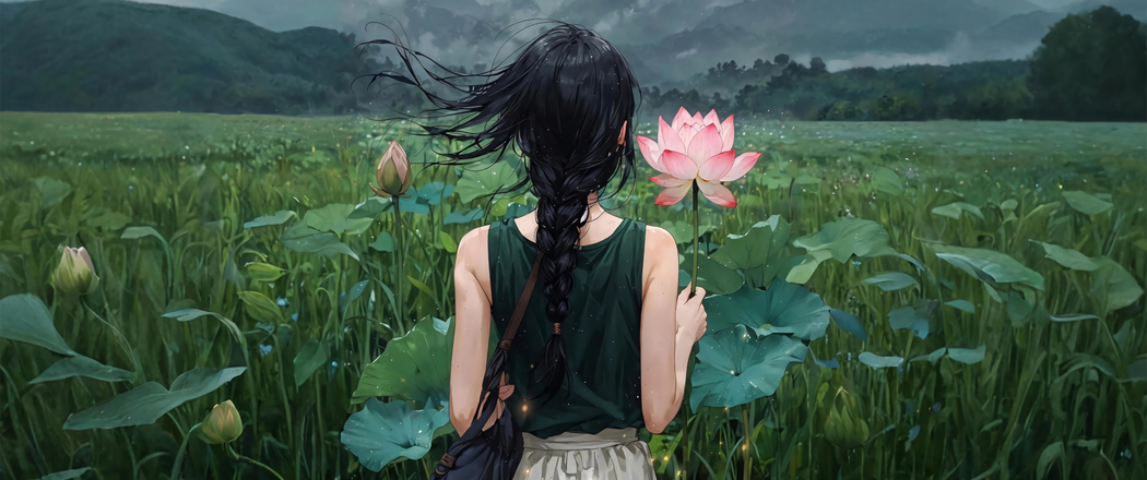 莲心映翠山，少女倩影幽，3440x1440超清4K动漫带鱼屏唯美壁纸下载