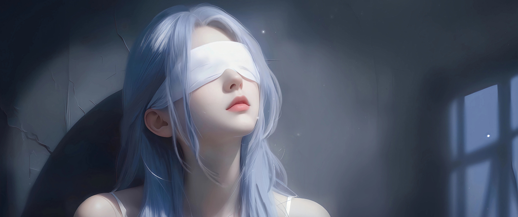 蓝发蒙眼白衣美女4K高清动漫壁纸，适配3440x1440带鱼屏下载