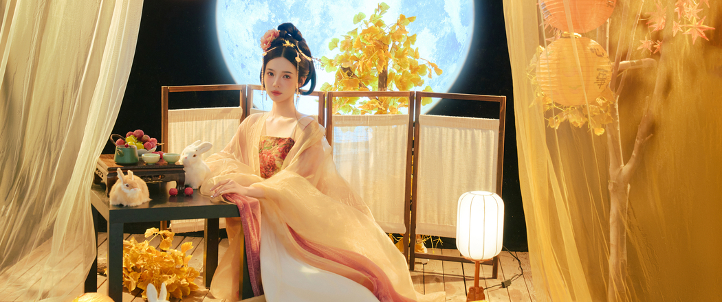 4K高清3440x1440带鱼屏壁纸，中秋古风韵，张婕婕美女图下载