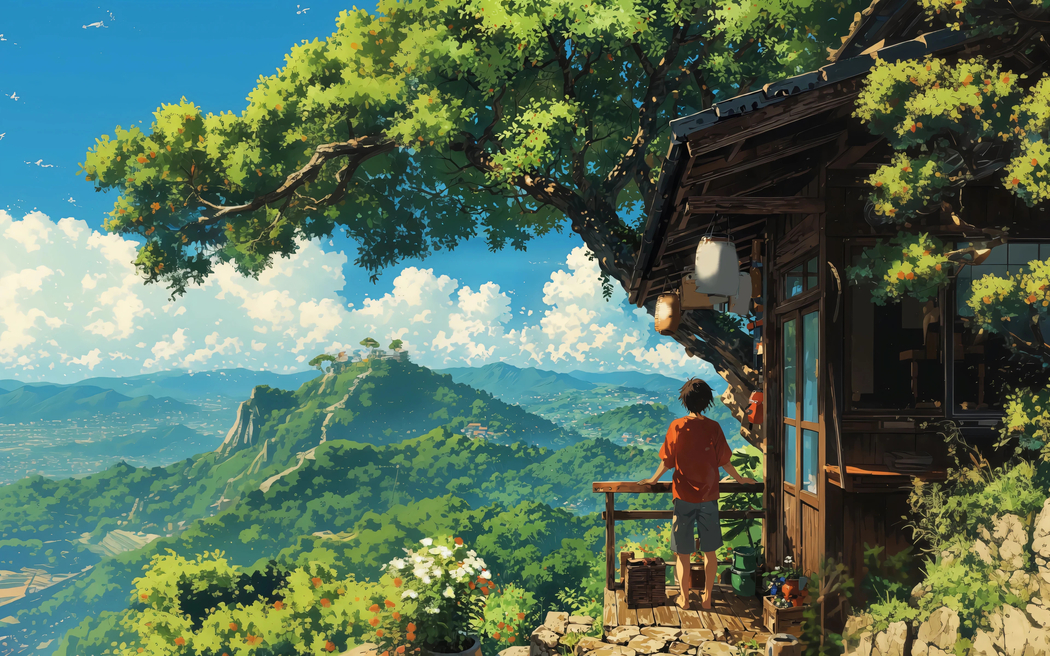 4K高清壁纸，山居夏日里小房子旁男孩凝望远方山景（3840x2400）