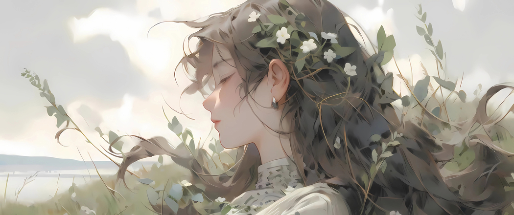 唯美少女置身缤纷花海，3440x1440超清带鱼屏4K动漫壁纸下载