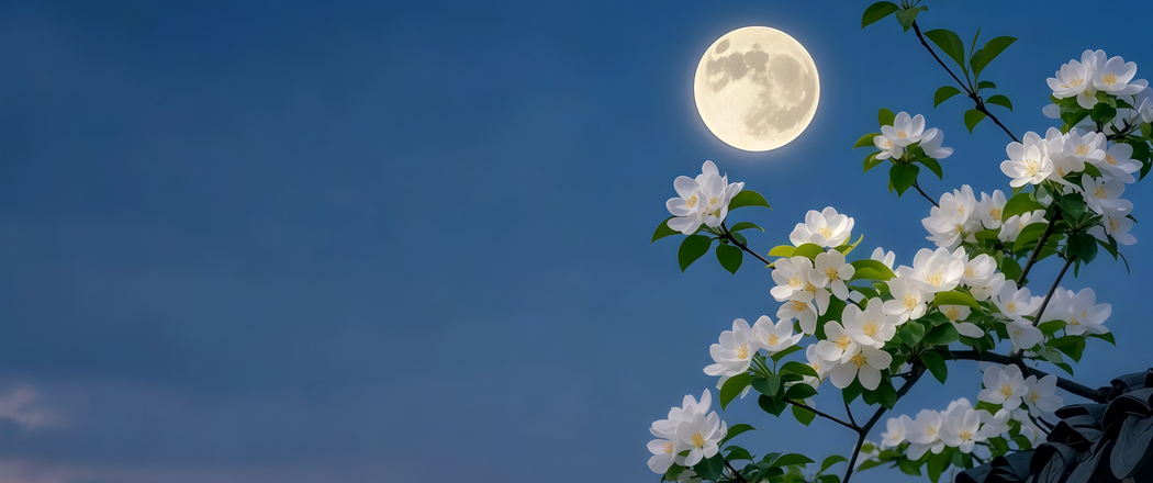 4K高清3440x1440带鱼屏壁纸，围墙旁夜空映月伴海棠花美景下载