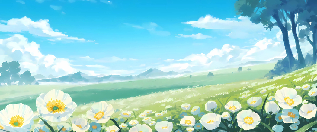 4K高清3440x1440带鱼屏壁纸，蓝天白云下花海树影的野外绝美风景