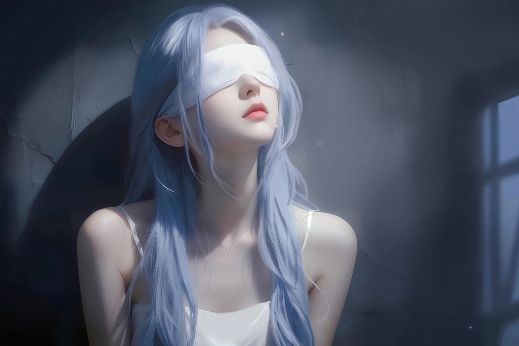 蓝发美女蒙眼造型，3000x2000高清平板/笔记本眼罩主题壁纸下载