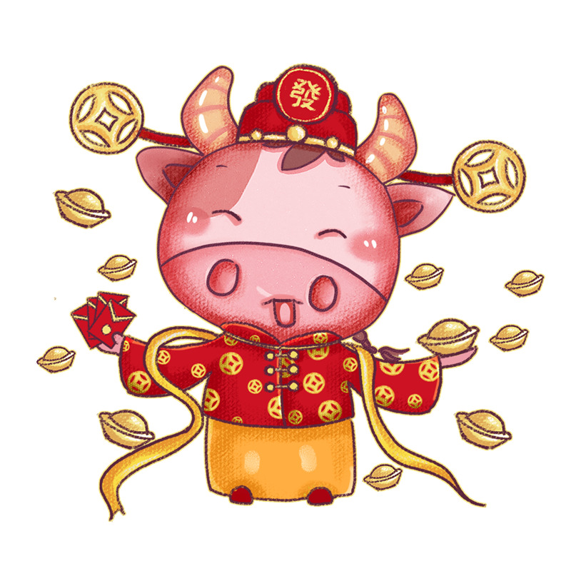 高清透明PNG牛牛发元宝节日元素素材，含元旦春节元宵PSD设计下载