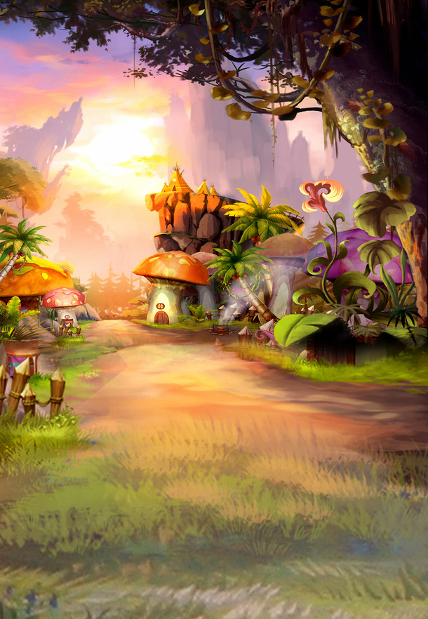 梦幻森林蘑菇小屋高清透明PNG海报背景素材，一键下载设计banner