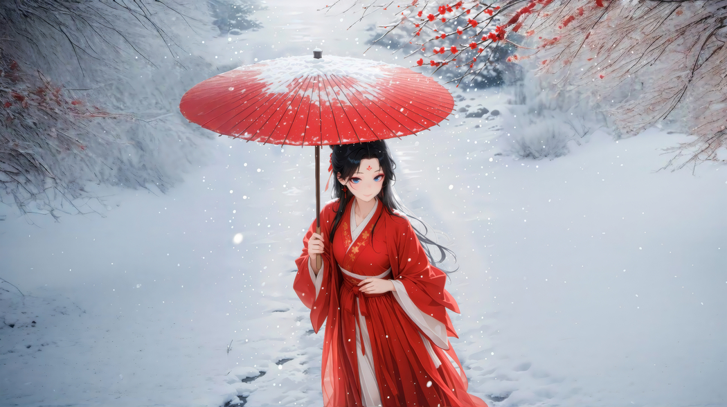 高清4K壁纸下载，日照千层雪下红伞古风美女动漫图（3859x2160）