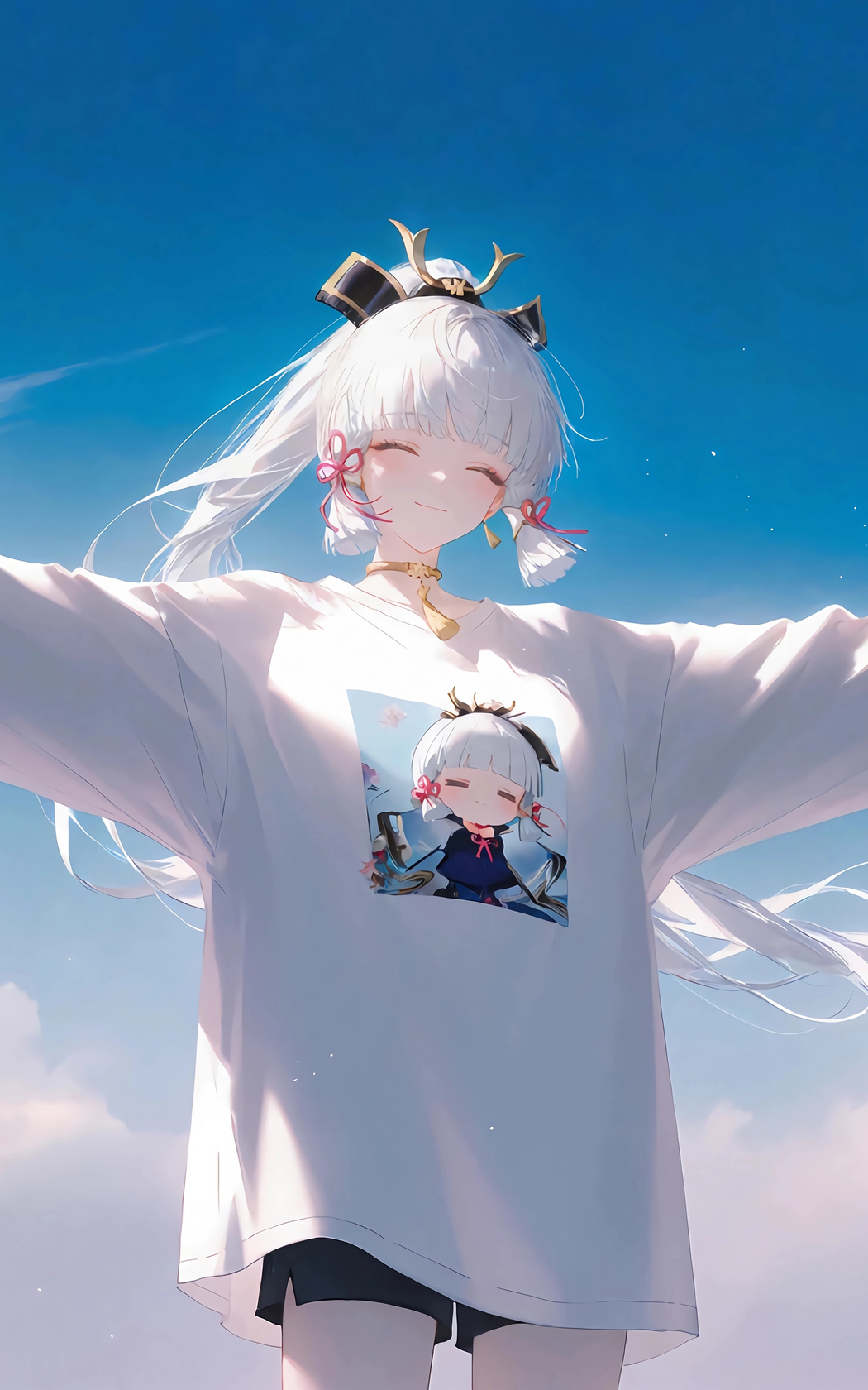 神里绫华，蓝天白云下白T恤造型4K竖屏高清手机壁纸（2400x3840）下载
