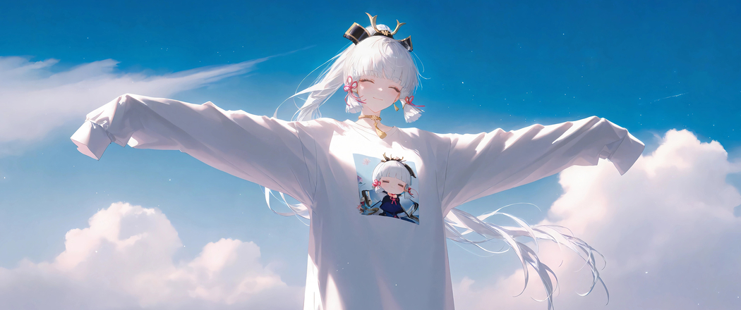 神里绫华4K动漫高清壁纸，蓝天白云白T恤，适配3440x1440带鱼屏下载