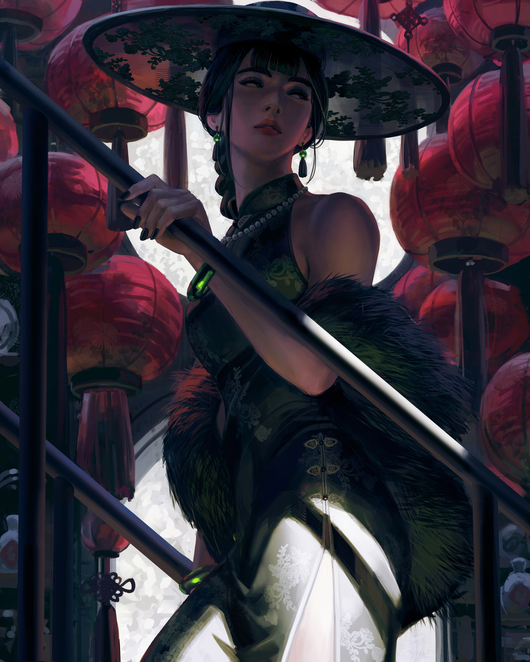 4K高清全屏，美女配灯笼帽手机壁纸3075x3840下载