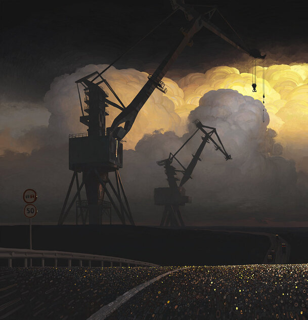 夕阳公路挖掘机卡通手绘高清PNG透明背景大屏设计素材下载