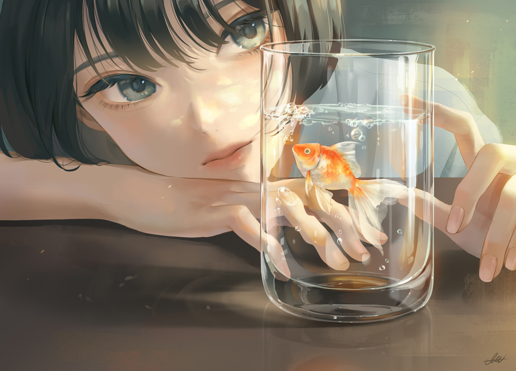 高清5K动漫壁纸,动漫女孩与桌上金鱼、玻璃水杯的唯美场景5000x3595下载 高清5K动漫壁纸,动漫女孩与桌上金鱼、玻璃水杯的唯美场景5000x3595下载