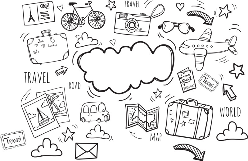 世界旅游日手绘矢量简笔画装饰元素，高清透明PNG边框设计素材下载