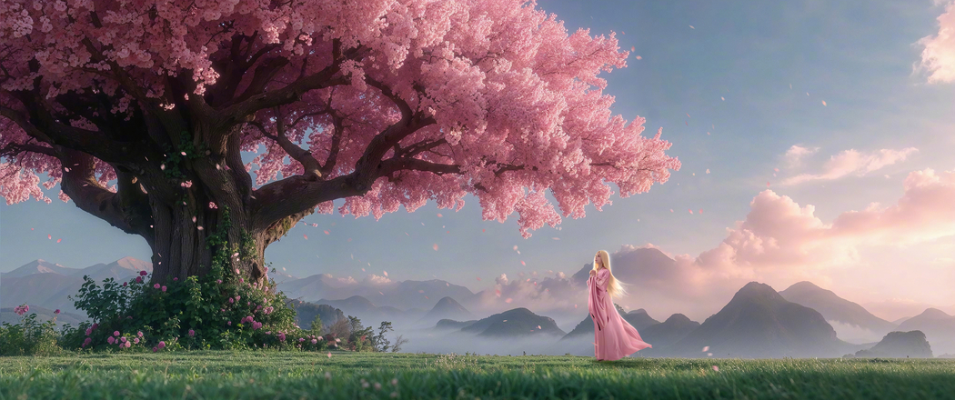 粉色花树与绿草地的3440x1440超清4K带鱼屏风景壁纸下载 粉色花树与绿草地的3440x1440超清4K带鱼屏风景壁纸下载