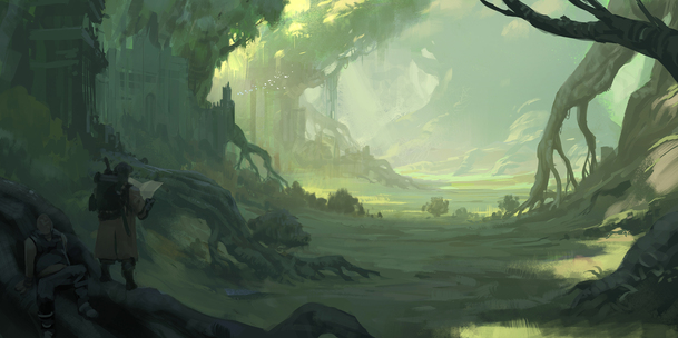 高清透明PNG卡通森林冒险男子海报背景素材，手绘设计元素下载