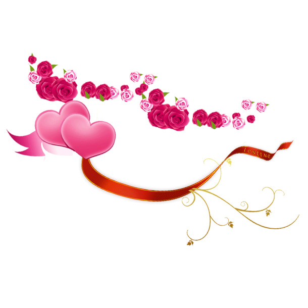 高清透明PNG玫瑰爱心矢量素材，含漂浮彩带设计元素下载