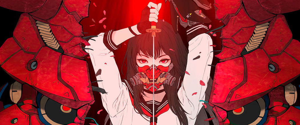 4K高清3440x1440带鱼屏，戴面具的红色眼睛动漫女孩壁纸下载