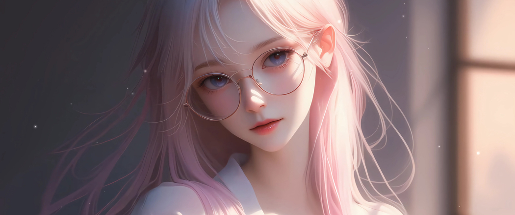 4K高清3440x1440带鱼屏壁纸，戴眼镜粉色长发的动漫女孩图片下载