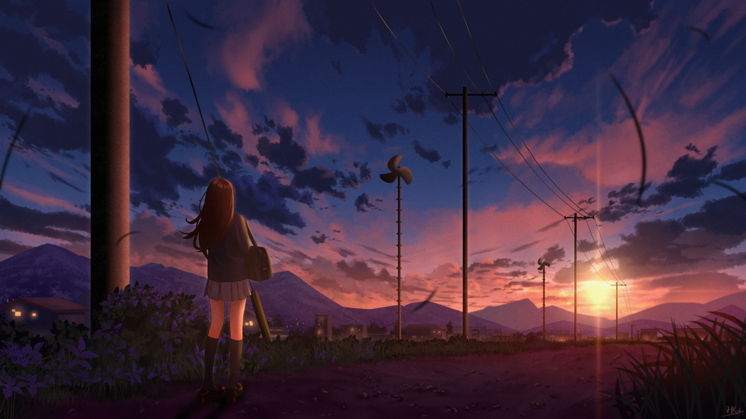 4K高清乡村晚霞下动漫女孩背影望向远方日落壁纸3840x2160下载 4K高清乡村晚霞下动漫女孩背影望向远方日落壁纸3840x2160下载