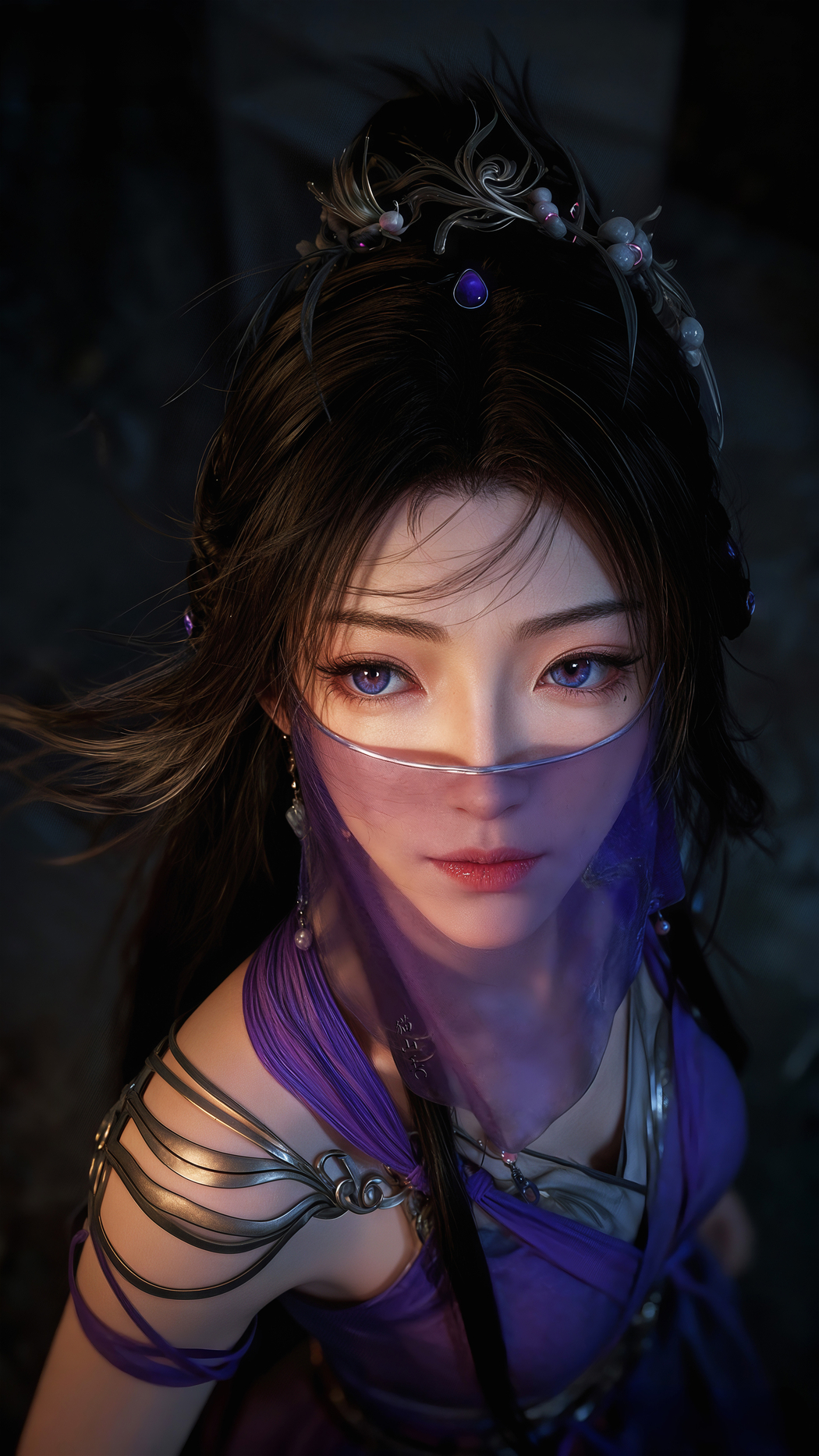 紫灵仙子轻纱掩面，4K竖屏高清意境壁纸2160x3840下载