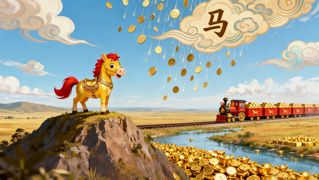 2026炫彩金色小马伴金币元宝金条火车雨4K高清壁纸3840x2160下载