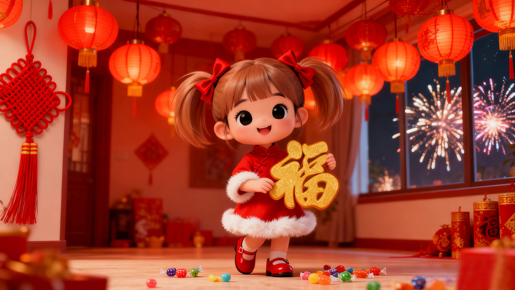 2026新年喜庆4K高清壁纸，可爱小女孩客厅挂满灯笼迎新年3840x2160