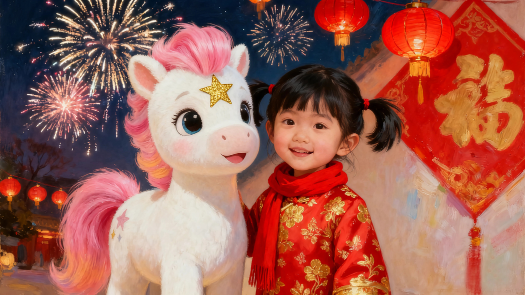 2026元旦喜庆4K壁纸，红衣小女孩与小马共庆，烟花灯笼映高清3840x2160下载