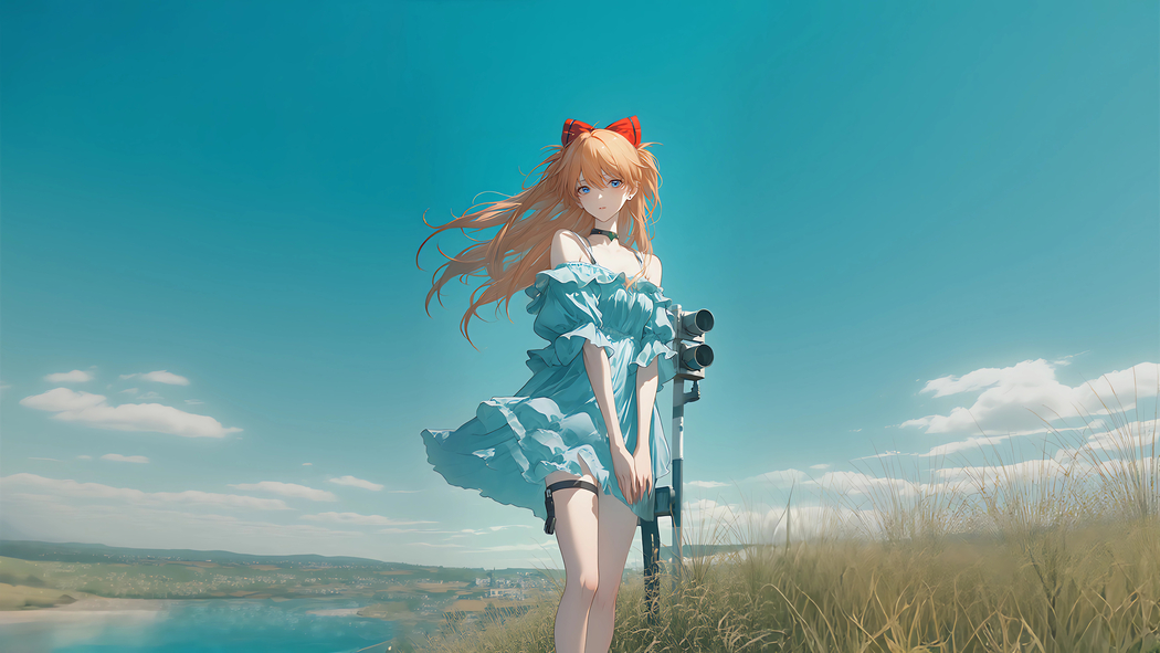 4K高清动漫壁纸，蓝天下的长发女孩，身着蓝裙配蝴蝶结头饰（3840x2160下载）