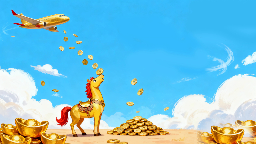 2026马年主题，蓝天映衬元宝金币4K高清壁纸3840x2160下载