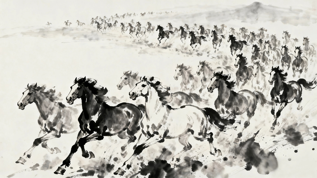 万马奔腾水墨风4K超高清壁纸3840x2160下载