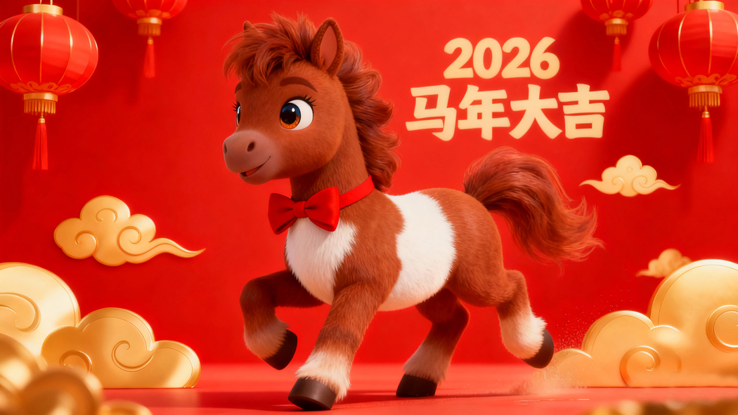 2026马年喜庆4K高清壁纸，红底金祥云灯笼3840x2160下载