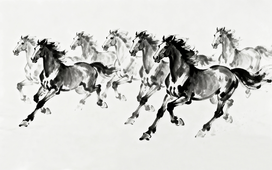 4K高清下载，3840x2400黑白水墨画风格奔跑骏马动物壁纸