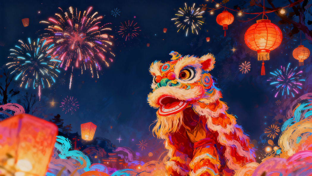 2026新年夜喜庆盛景,烟花灯笼舞狮4K高清壁纸3840x2160下载 2026新年夜喜庆盛景,烟花灯笼舞狮4K高清壁纸3840x2160下载