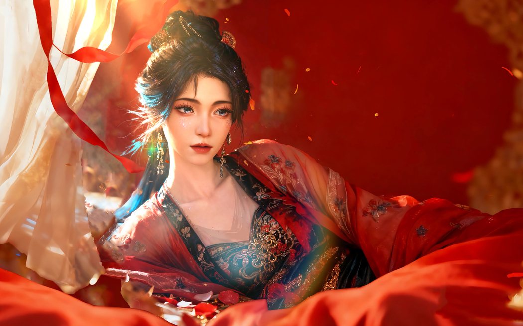4K高清壁纸，古风红妆美人置身红境，金屋藏娇动漫风3840x2400下载