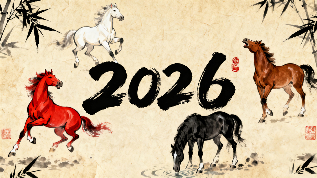 2026中国风水墨画，四马奔腾配翠竹 4K高清壁纸3840x2160下载