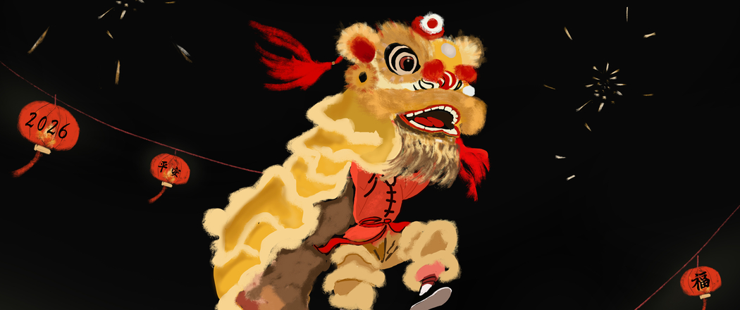 原创2026马年祈福迎新，舞狮灯笼烟花映景，忘忧草厚涂手绘3440x1440带鱼屏高清壁纸下载