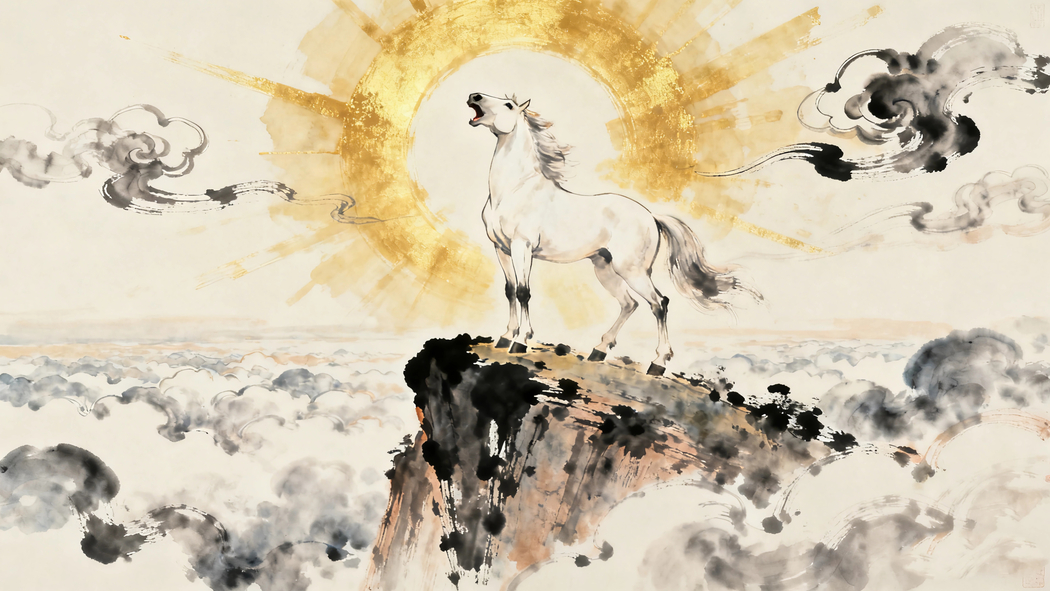 2026水墨风，高山骏马金光闪耀4K高清壁纸3840x2160下载