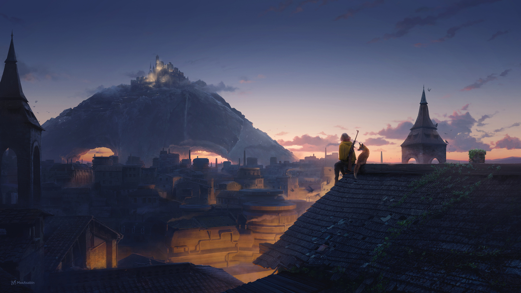 4K高清动漫壁纸，日落时分城堡上屋顶女孩与狐狸的绘画插图3840x2160下载