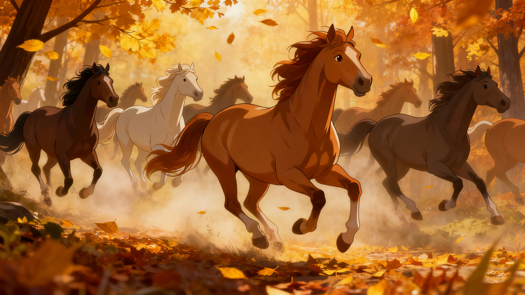 4K高清，秋天树林中疾驰骏马壁纸3840x2160下载