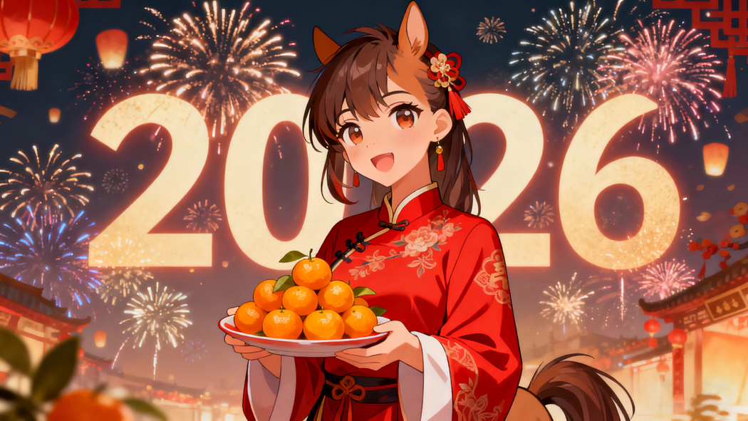 2026新年喜庆风，红衣女孩与桔子烟花4K高清壁纸3840x2160下载