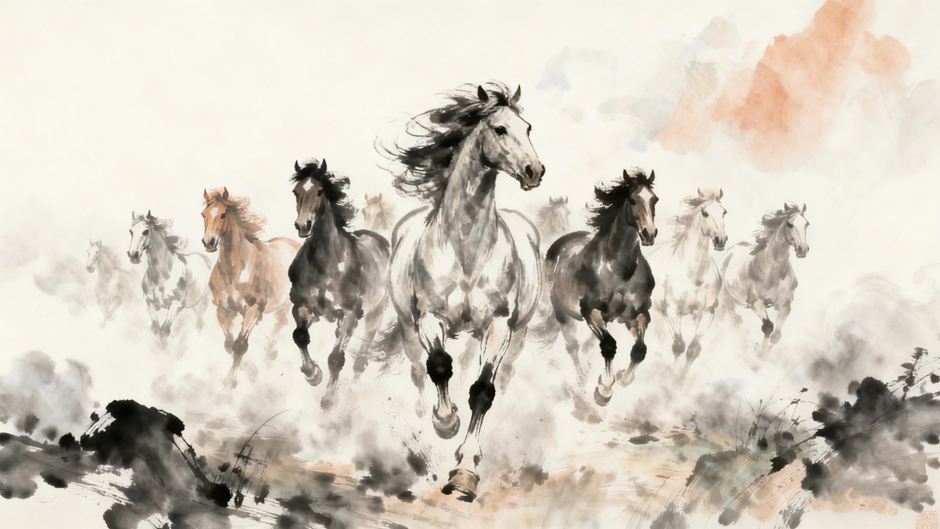 2026马年水墨风，十骏马4K高清壁纸3840x2160背景图下载