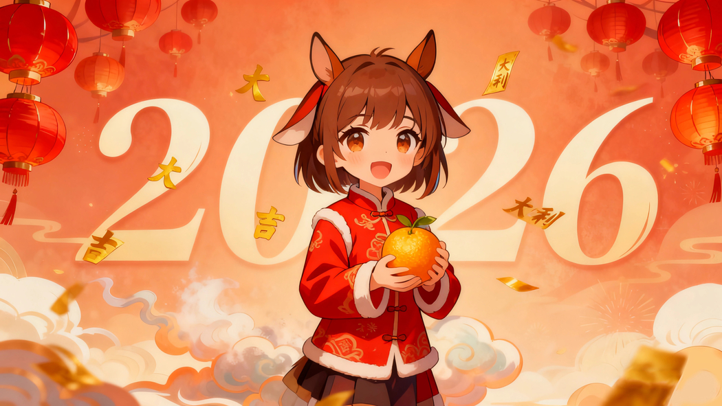 2026新年吉祥，女孩红衣配桔子4K高清壁纸3840x2160下载