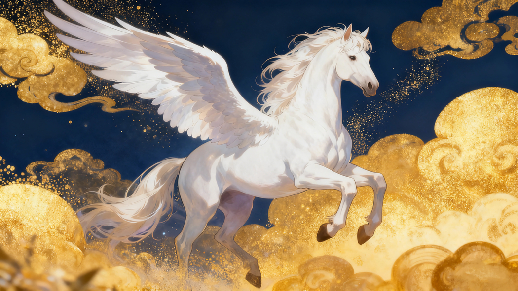 2026马年4K高清壁纸，翱翔天际的马配金色云翼背景图3840x2160下载