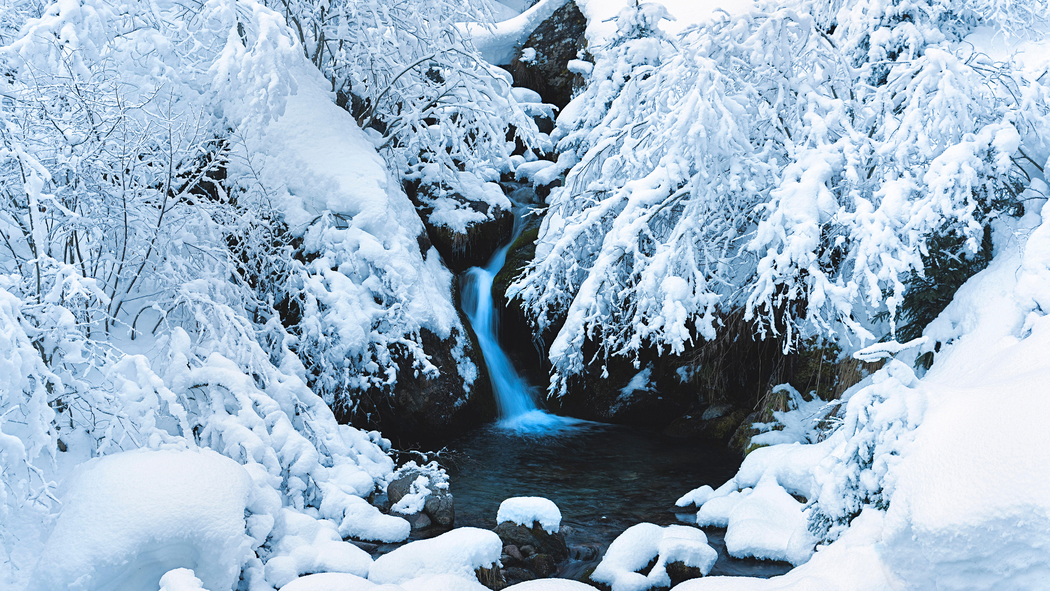 4K高清，小溪畔枝桠披厚雪景壁纸 3840x2160下载