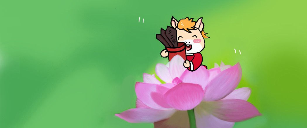 原创手绘2026马年主题，荷花、马与签筒上上签，3440x1440超清带鱼屏壁纸下载