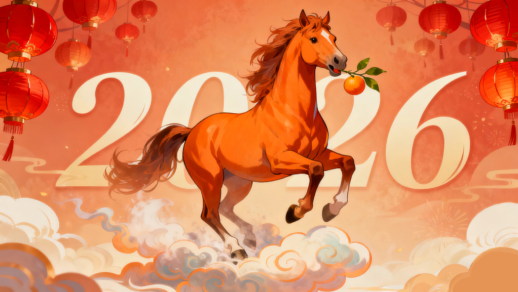2026主题4K高清壁纸，高大骏马、桔子、祥云与红色灯笼（3840x2160下载）