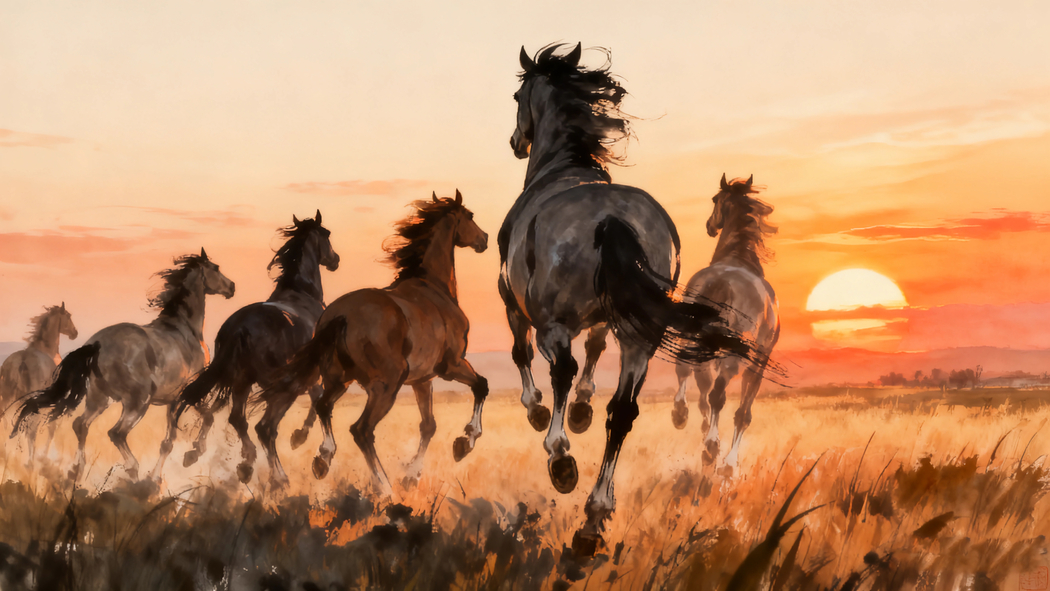 4K高清草原黄昏下骏马飞驰背影动物壁纸3840x2160下载